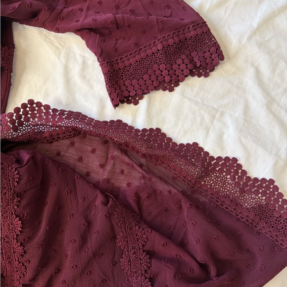 Lulus Wine Red Swiss Dot Crochet Lace Tiered Midi Dress M NWT Wedding Guest - Picture 13 of 13